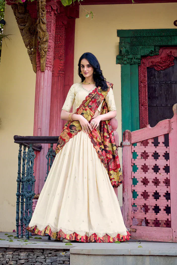 VICHITRA SILK THREAD EMBROIDERED AND KALAMKARI PRINTED LEHENGA CHOLI WITH DUPATTAPFAB176) (01)