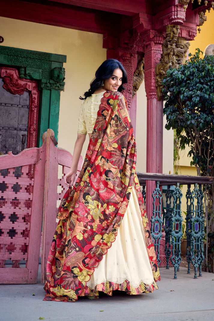 VICHITRA SILK THREAD EMBROIDERED AND KALAMKARI PRINTED LEHENGA CHOLI WITH DUPATTAPFAB176) (01)