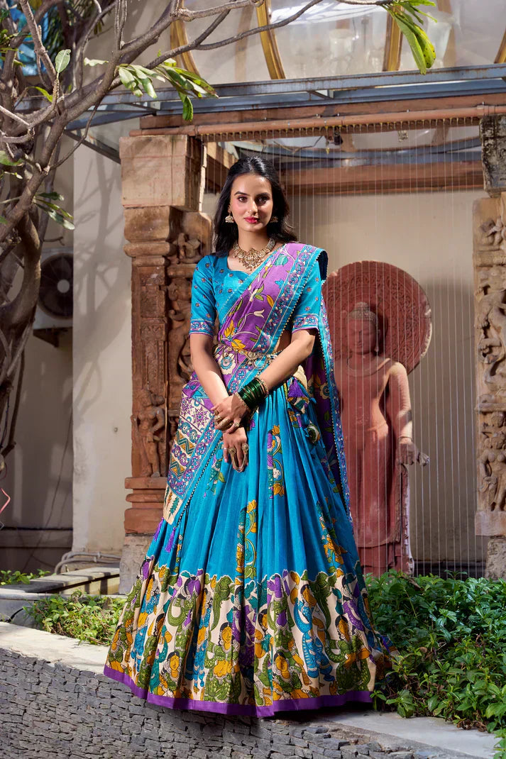 KALAMKARI TUSSAR SILK LEHENGA CHOLI WITH DUPATTAPFAB1100) (03)