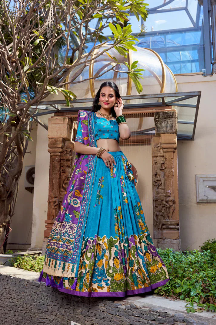 KALAMKARI TUSSAR SILK LEHENGA CHOLI WITH DUPATTAPFAB1100) (03)
