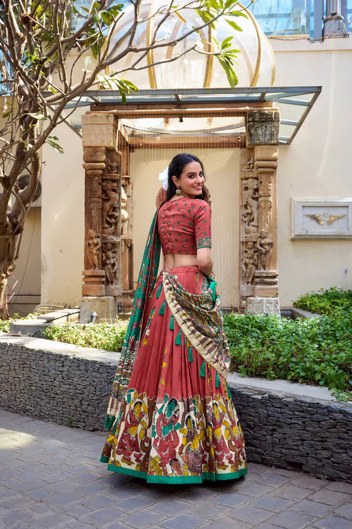 KALAMKARI TUSSAR SILK LEHENGA CHOLI WITH DUPATTAPFAB1100) (01)