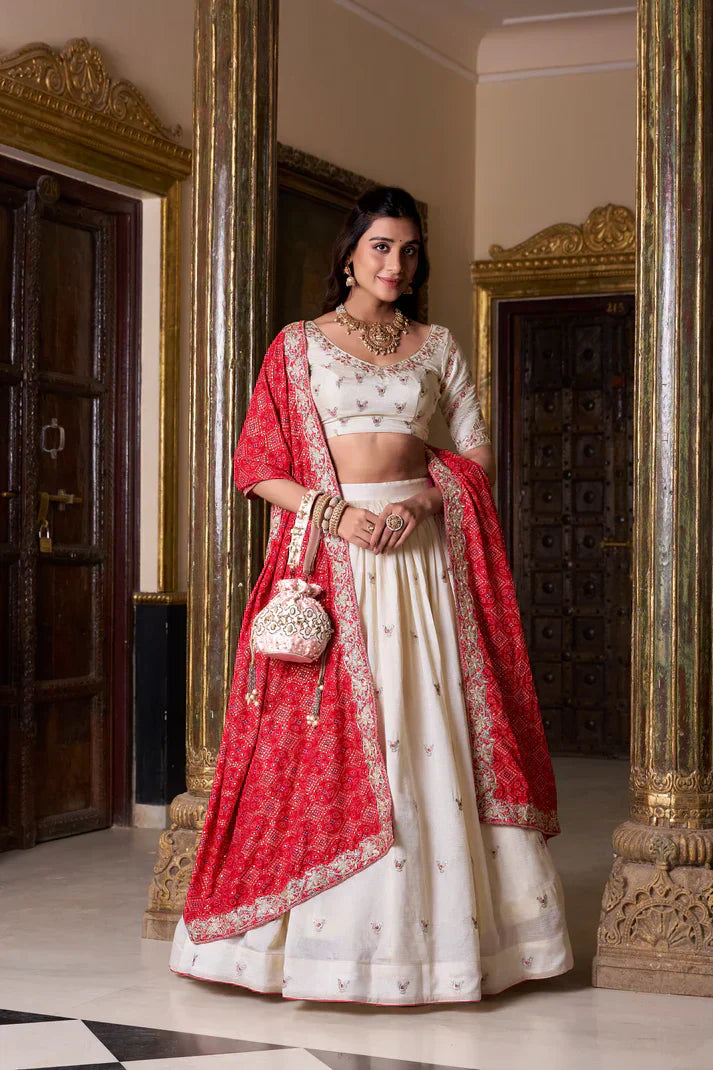 VICHITRA SILK EMBROIDERED LEHENGA CHOLI WITH BADHEJ PRINT DUPATTAPFAB174)