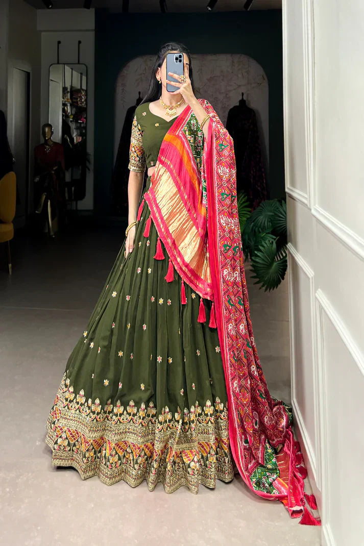 PREMIUM GEORGETTE WITH SEQUANCE AND THREAD EMBROIDERED WORK LEHENGA CHOLI WITH PURE GAJI SILK DUPATTAPFAB1104)