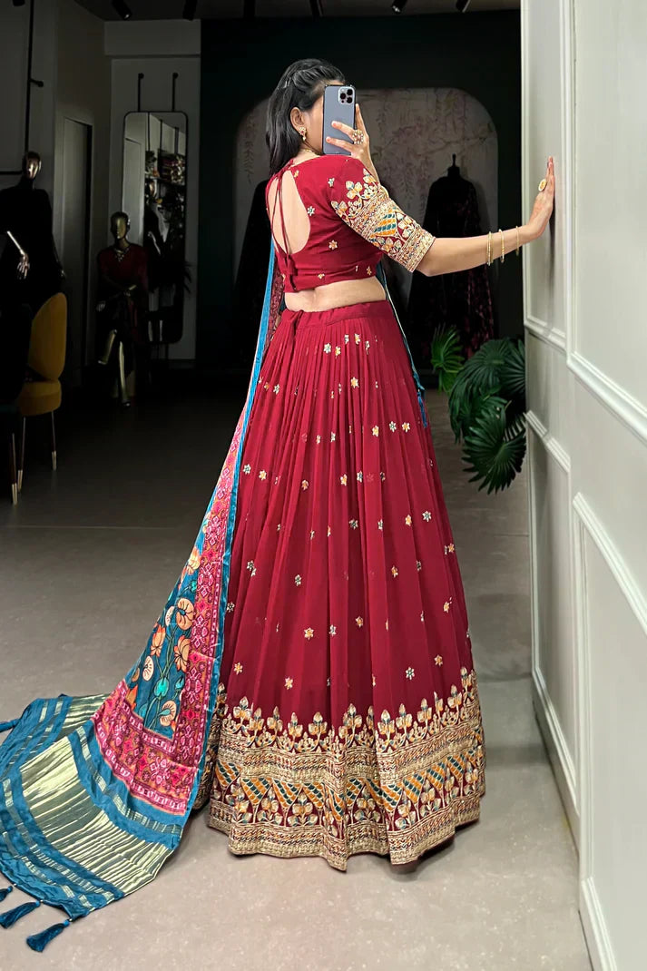 PREMIUM GEORGETTE WITH SEQUANCE AND THREAD EMBROIDERED WORK LEHENGA CHOLI WITH PURE GAJI SILK DUPATTAPFAB1104) (01)