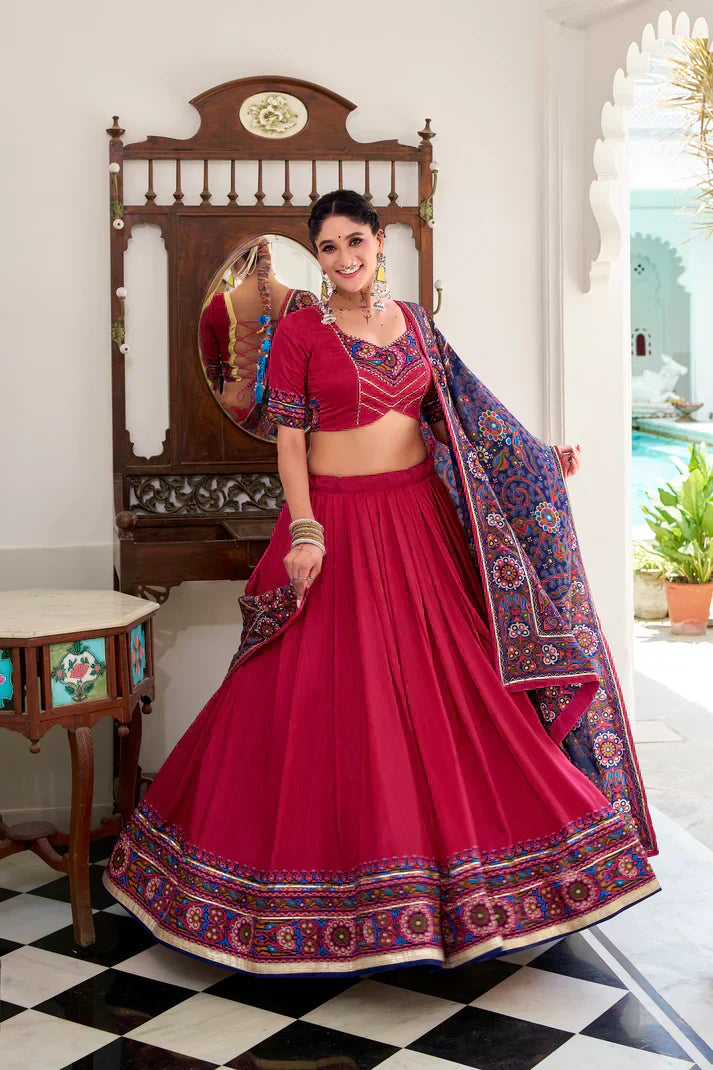 NAVRATRI SPECIAL TUSSAR SILK GAMTHI PRINT LEHENGA CHOLI WITH DUPATTAPFAB1190) (03)