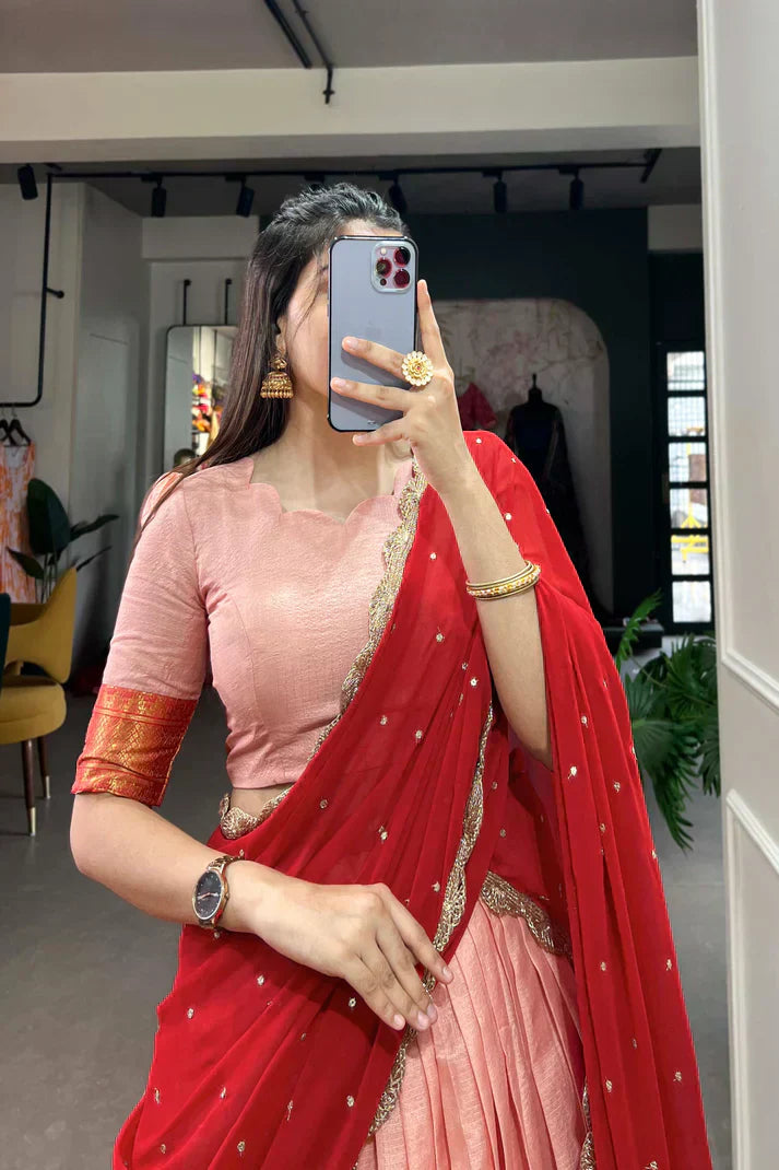 COTTON SILK THEREAD EMBROIDERED LEHENGA CHOLI WITH DUPATTAPFAB1105) (01)