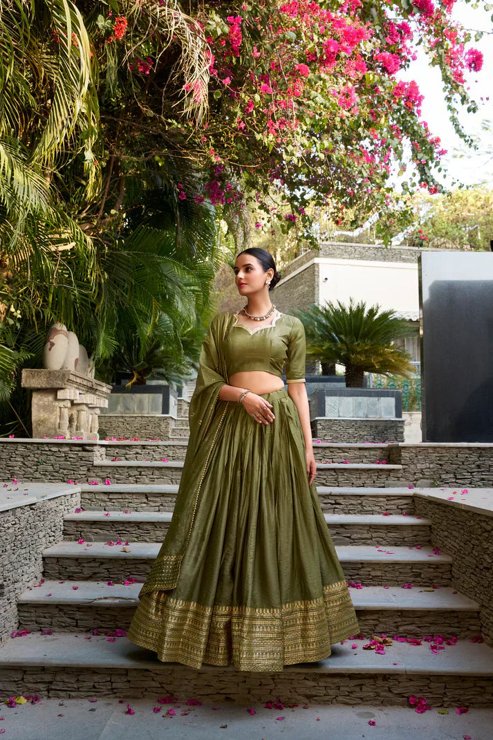 PURE CHANDERI ZARI WEAVING LEHENGA CHOLI WITH SEQUINS EMBROIDERED DUPATTAPFAB195)