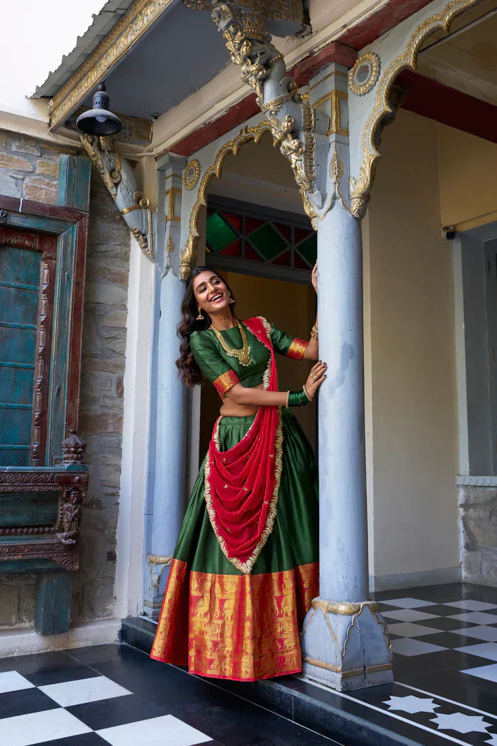 NARAYAN PATTU LEHENGA CHOLI WITH GEORGETTE EMBROIDERED DUPATTAPFAB197)(01)