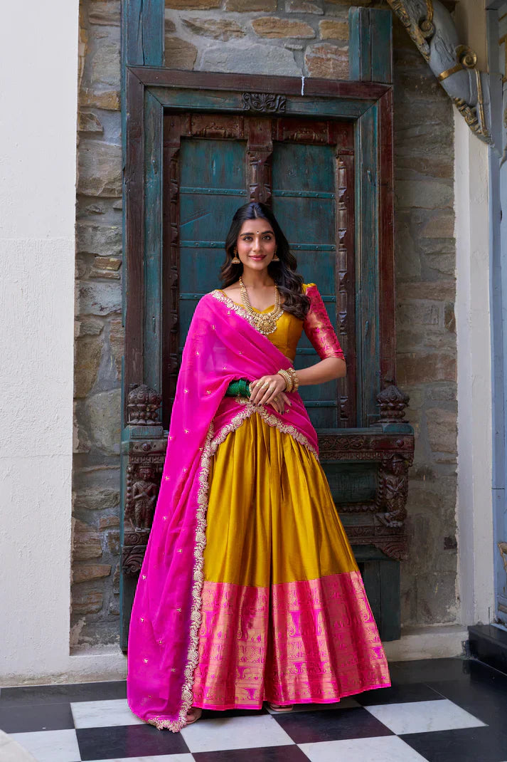 NARAYAN PATTU LEHENGA CHOLI WITH GEORGETTE EMBROIDERED DUPATTAPFAB197)