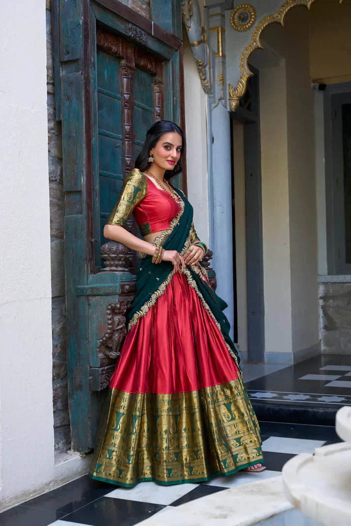 NARAYAN PATTU LEHENGA CHOLI WITH GEORGETTE EMBROIDERED DUPATTAPFAB197)(03)