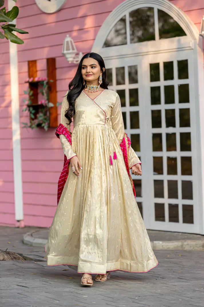 FESTIVAL SPECIAL JEQUARD BUTTI GOWN WITH CHINON BANDHANI PRINT DUPATTAPFAB194)