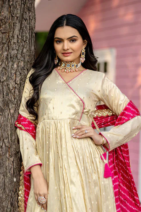 FESTIVAL SPECIAL JEQUARD BUTTI GOWN WITH CHINON BANDHANI PRINT DUPATTAPFAB194)