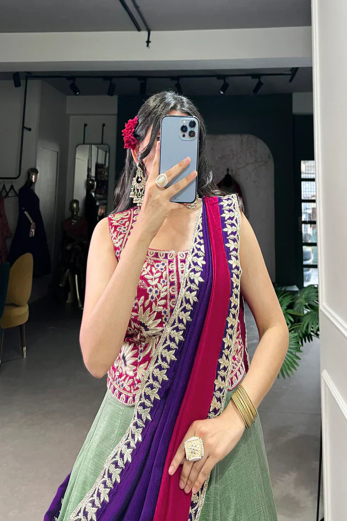 VICHITRA SILK THREAD EMBROIDRED LEHENGA CHOLI WITH DUPATTAPFAB1101)