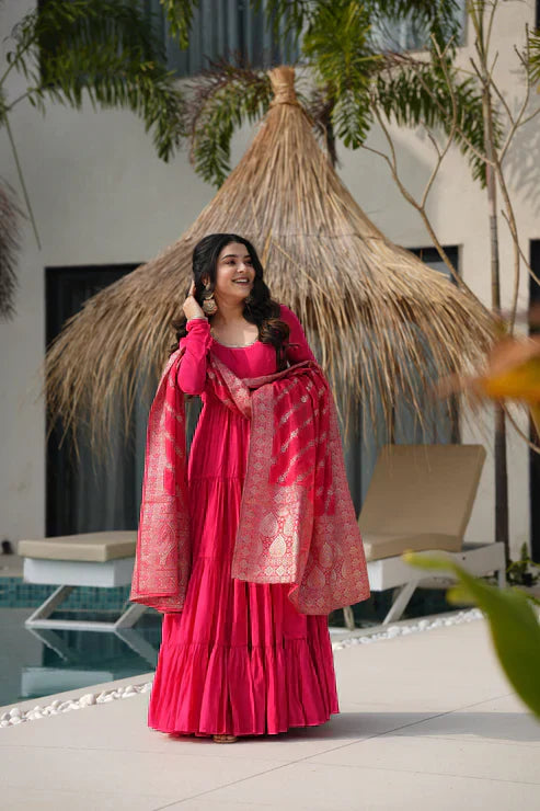 WEDDING SPECIAL MICROCRAPE GOWN WITH JAQUARD DUPATTA PFAB155)