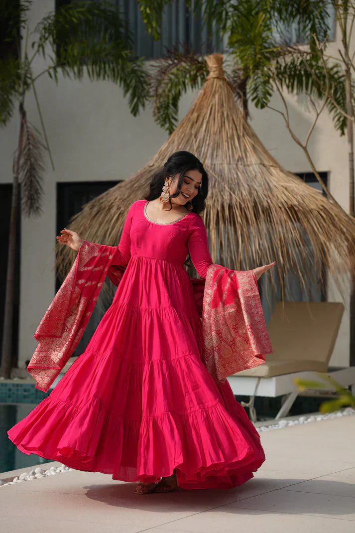 WEDDING SPECIAL MICROCRAPE GOWN WITH JAQUARD DUPATTA PFAB155)