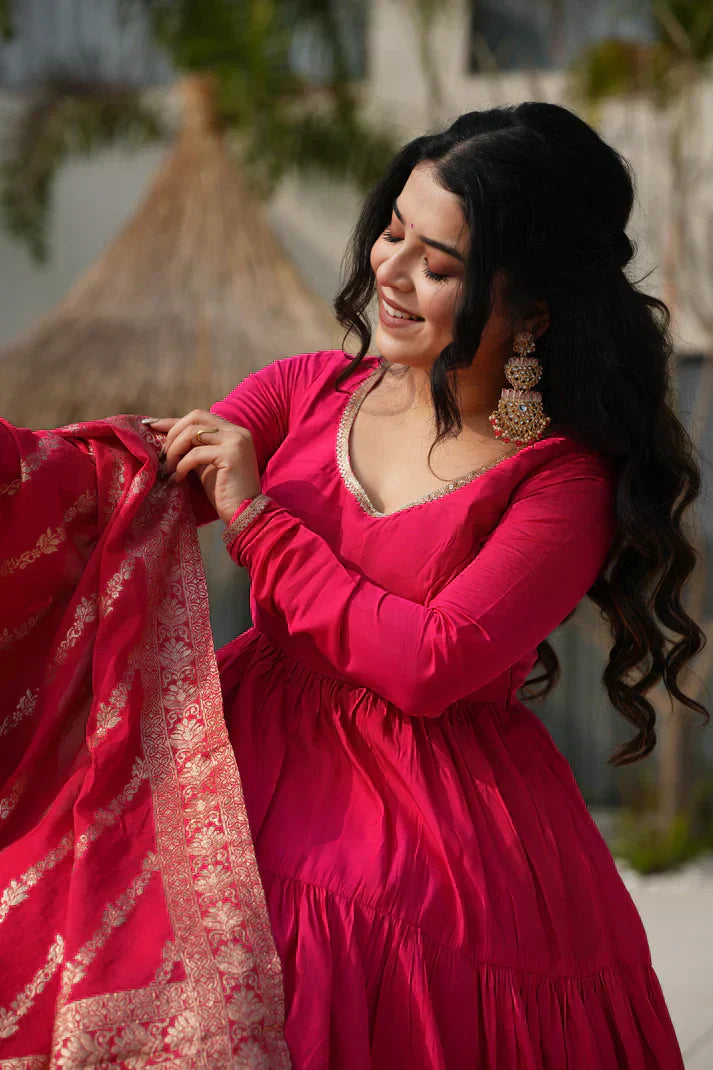 WEDDING SPECIAL MICROCRAPE GOWN WITH JAQUARD DUPATTA PFAB155)