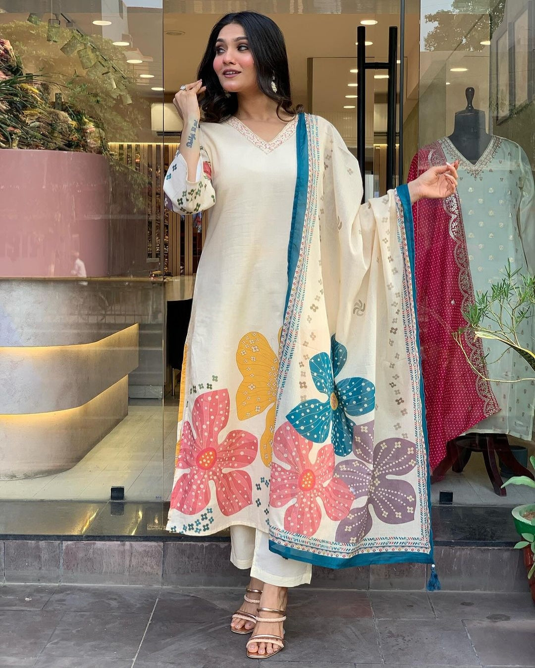 Launching Summer Cool, Comfortable And Attractive Softest Muslin Suit Set Which Is Beautifully Decorated With Hand Embroidery And Thread Work. It Is Paired With Matching Pants And Dupatta(PFAB118)