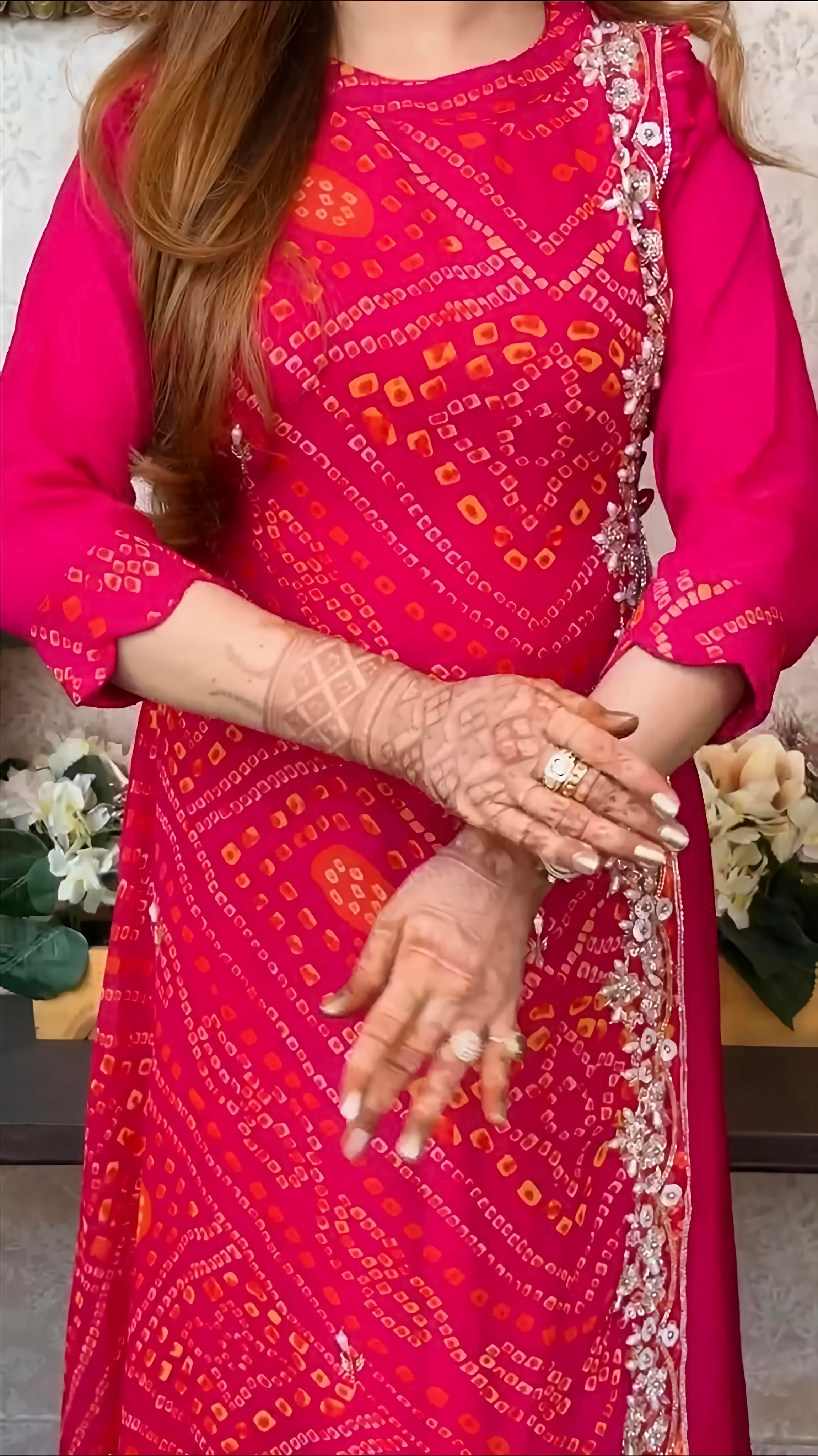 Export Pure Chinnon Silk Long Gown With Bhandej Heavy Hand Work Double Layer (RD027)