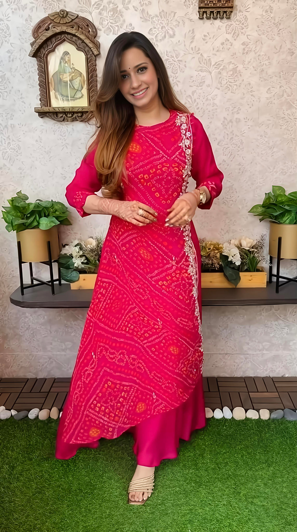 Export Pure Chinnon Silk Long Gown With Bhandej Heavy Hand Work Double Layer (RD027)