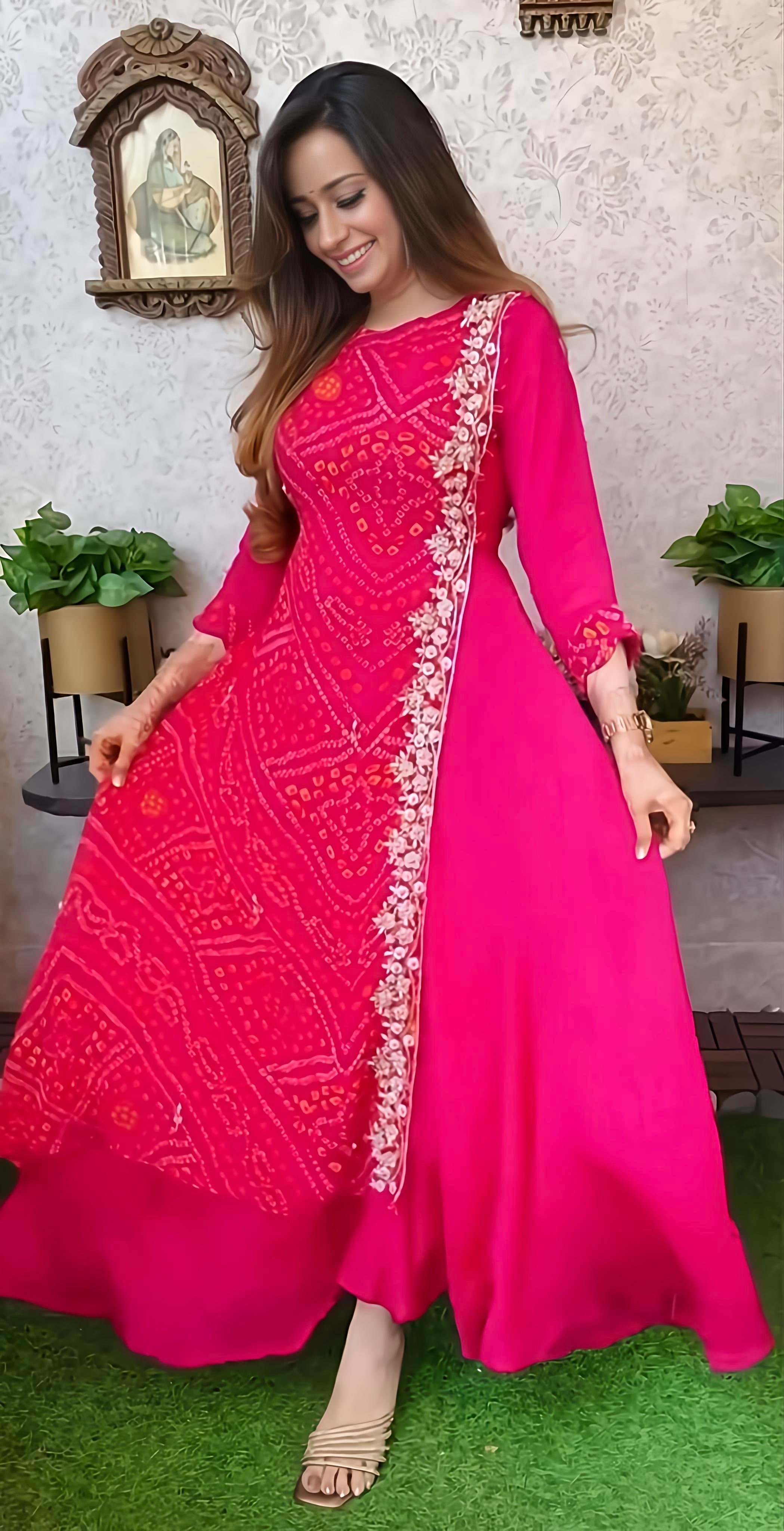 Export Pure Chinnon Silk Long Gown With Bhandej Heavy Hand Work Double Layer (RD027)