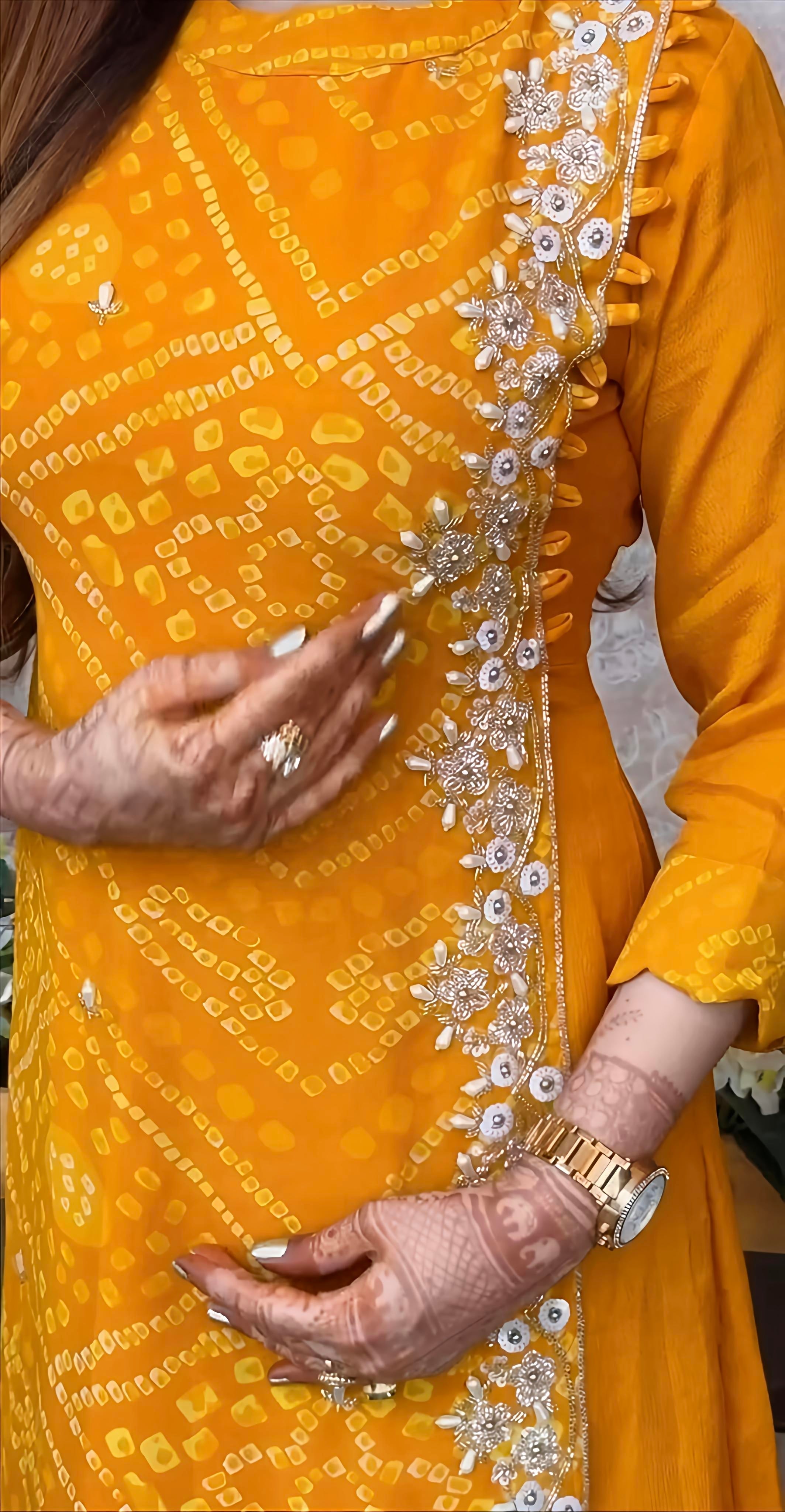 Export Pure Chinnon Silk Long Gown With Bhandej Heavy Hand Work Double Layer (RD025)