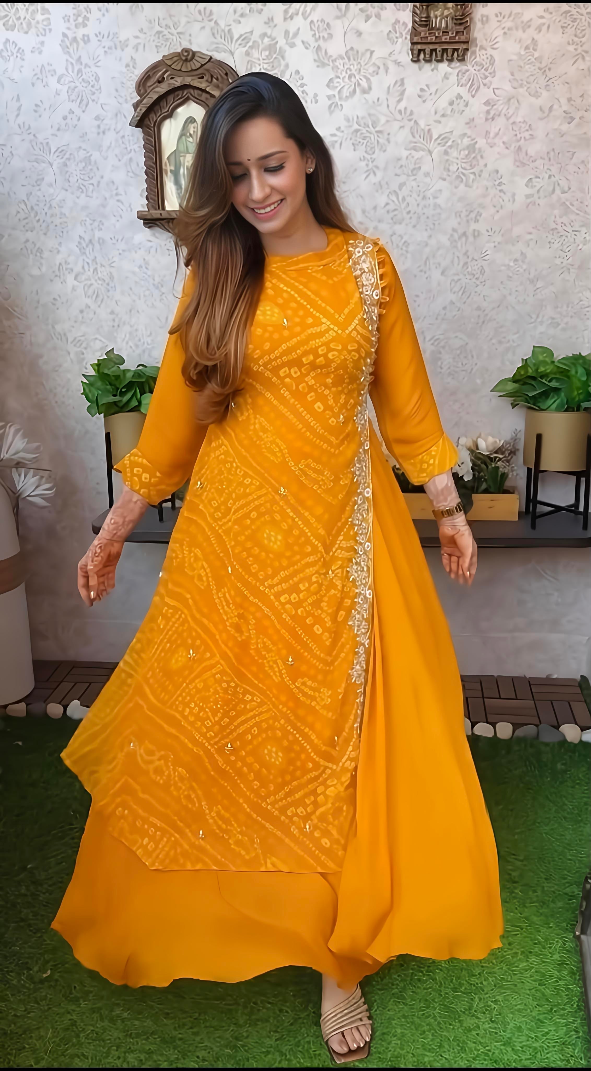 Export Pure Chinnon Silk Long Gown With Bhandej Heavy Hand Work Double Layer (RD025)