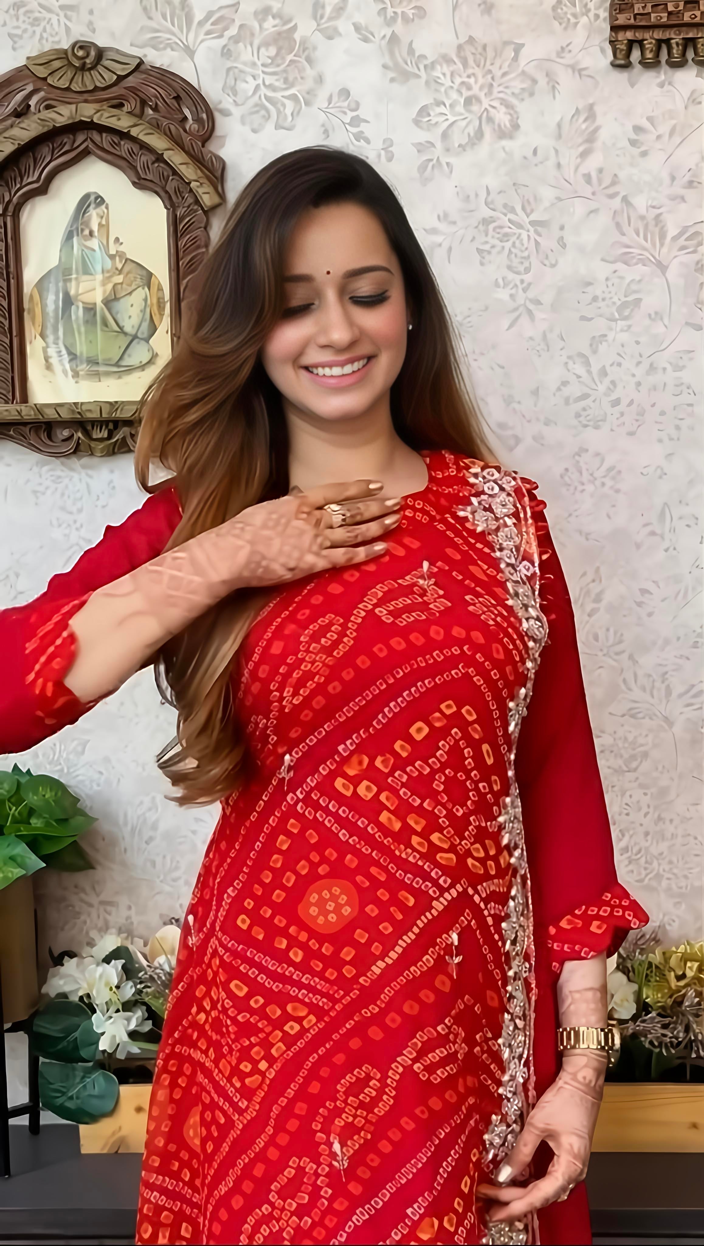 Export Pure Chinnon Silk Long Gown With Bhandej Heavy Hand Work Double Layer (RD026)