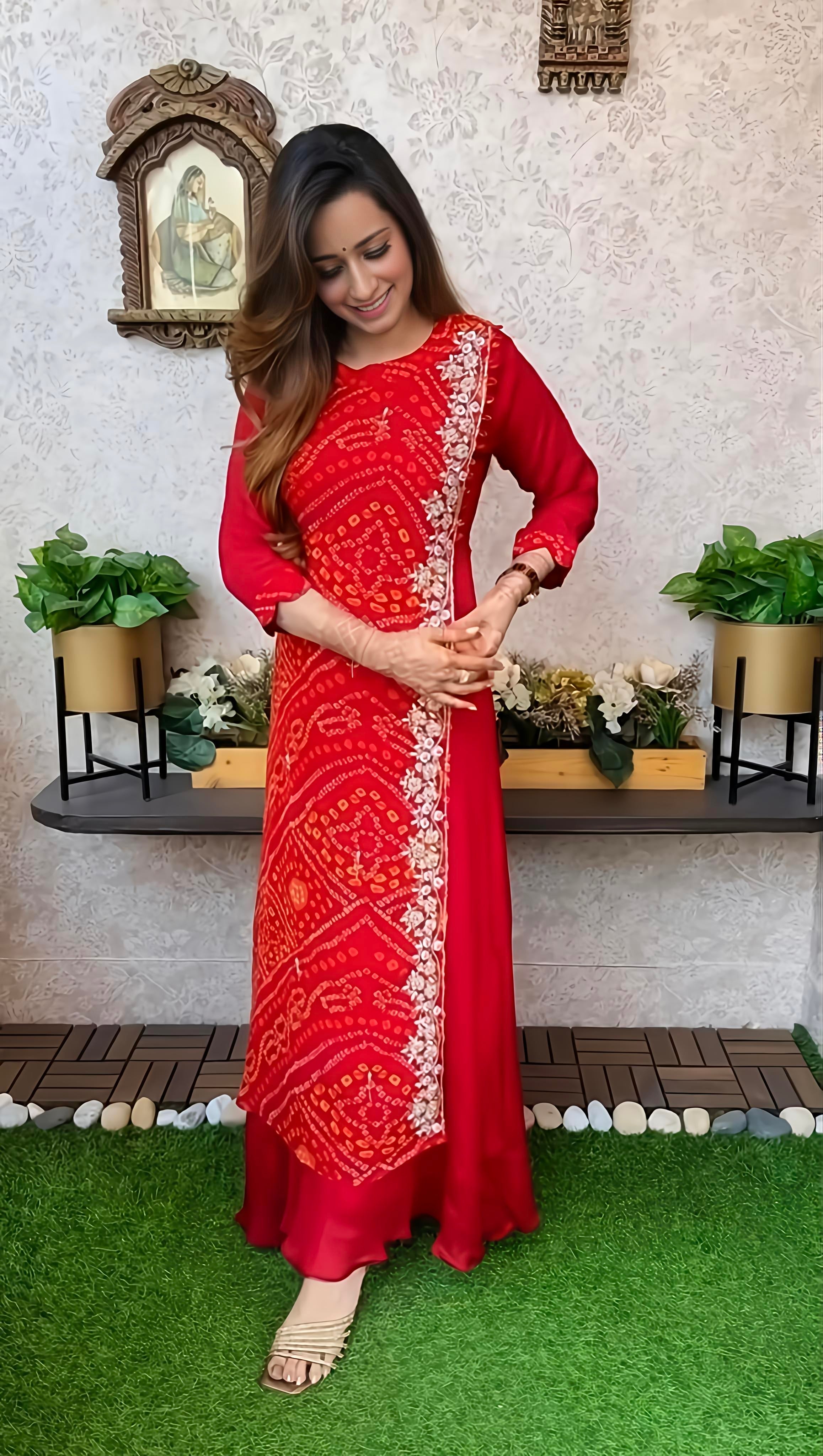 Export Pure Chinnon Silk Long Gown With Bhandej Heavy Hand Work Double Layer (RD026)