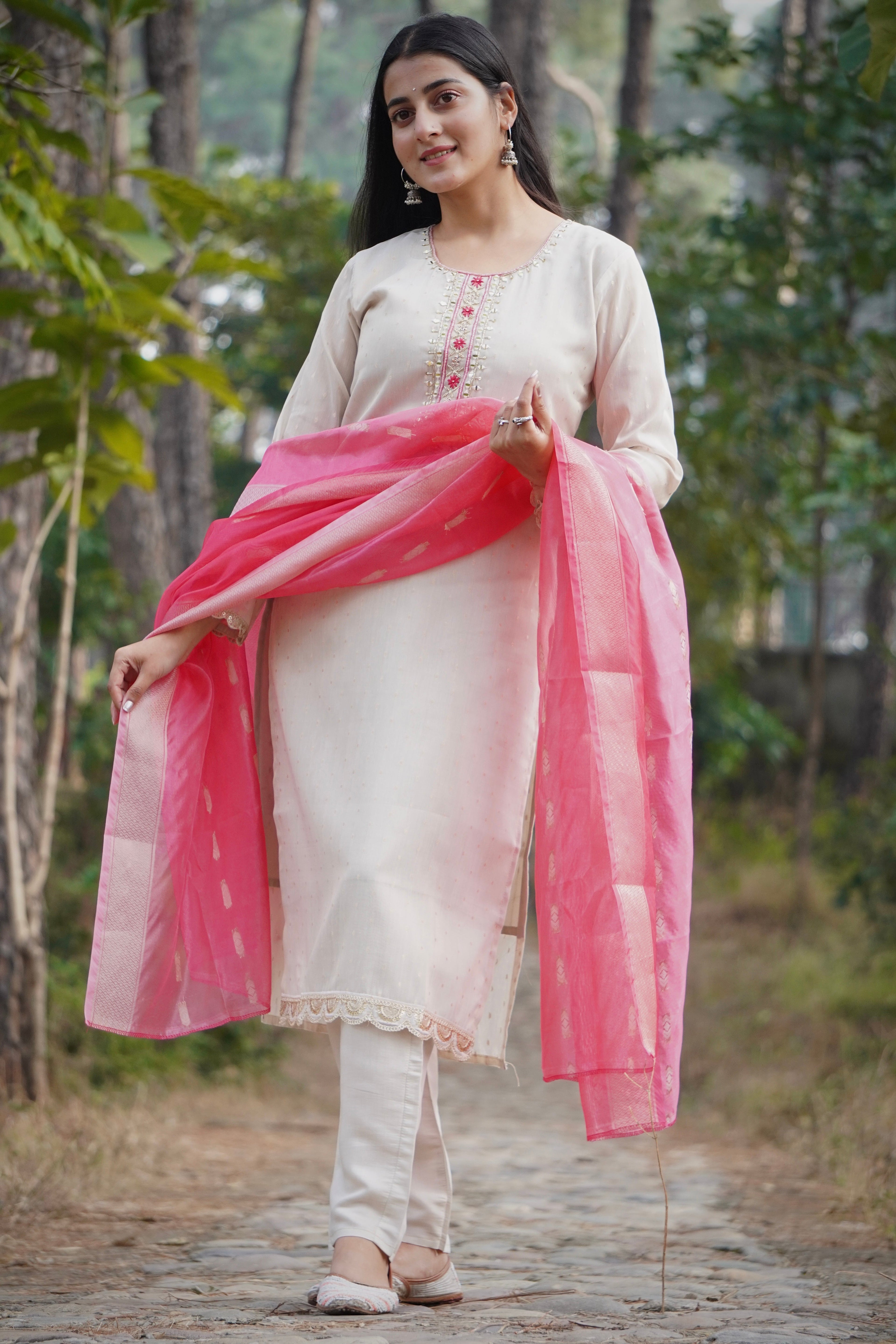 Premium Tissue Shimmer Suit Set Which is Beautifully Decorated With Hand Khatli Work And Original Mirror Work With Butti Pattern(PFAB151)