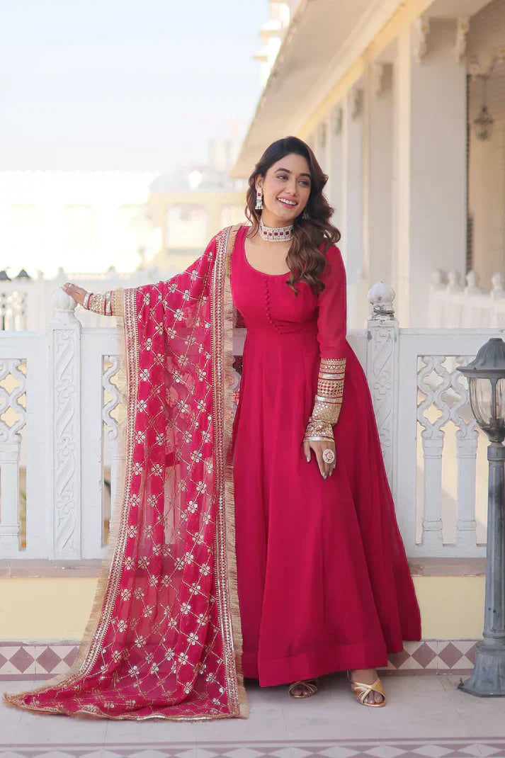 Faux Blooming Gown with Dupatta With Attractive Embroidered Sequins work with Lace BorderPFAB127) (02)