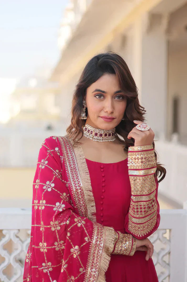 Faux Blooming Gown with Dupatta With Attractive Embroidered Sequins work with Lace BorderPFAB127) (02)