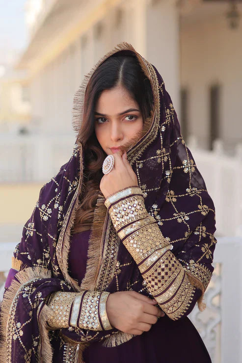 Faux Blooming Gown with Dupatta With Attractive Embroidered Sequins work with Lace BorderPFAB127) (01)