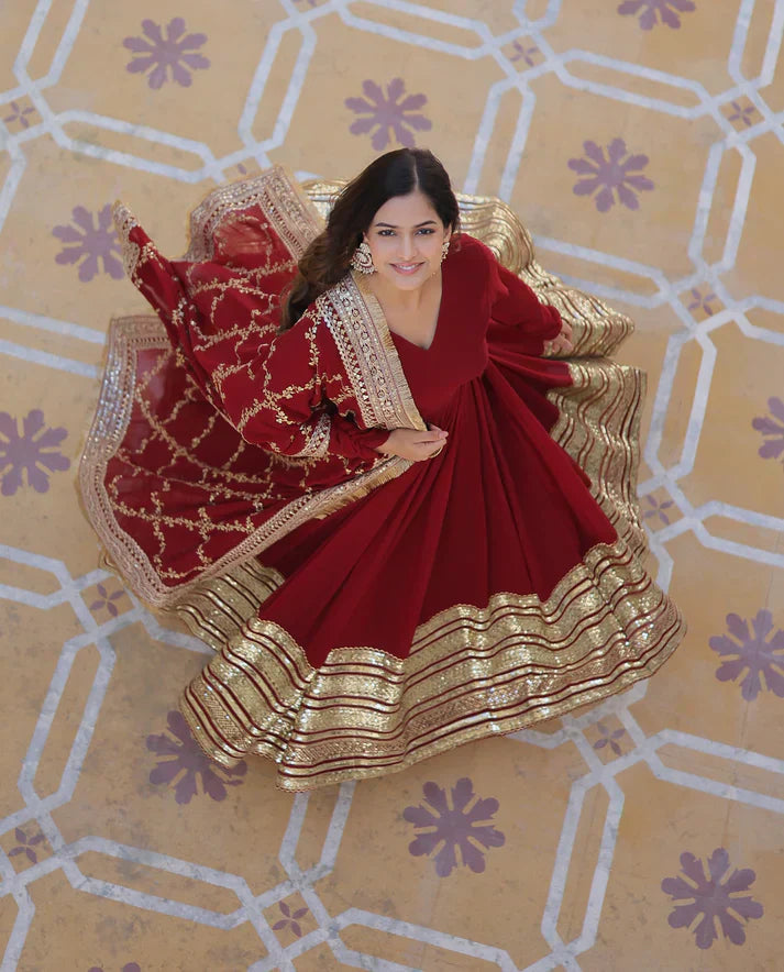 PREMIUM READYMADEFAUX BLOOMING SEQUENCE EMBROIDERED GOWN WITH DUPATTA SETPFAB101)