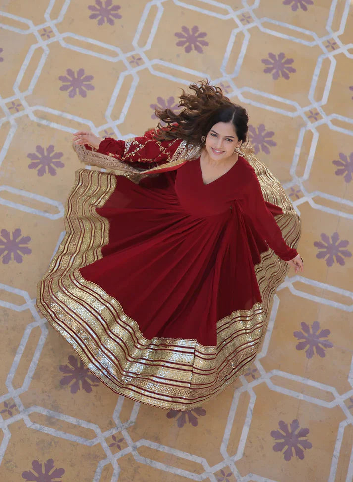 PREMIUM READYMADEFAUX BLOOMING SEQUENCE EMBROIDERED GOWN WITH DUPATTA SETPFAB101)