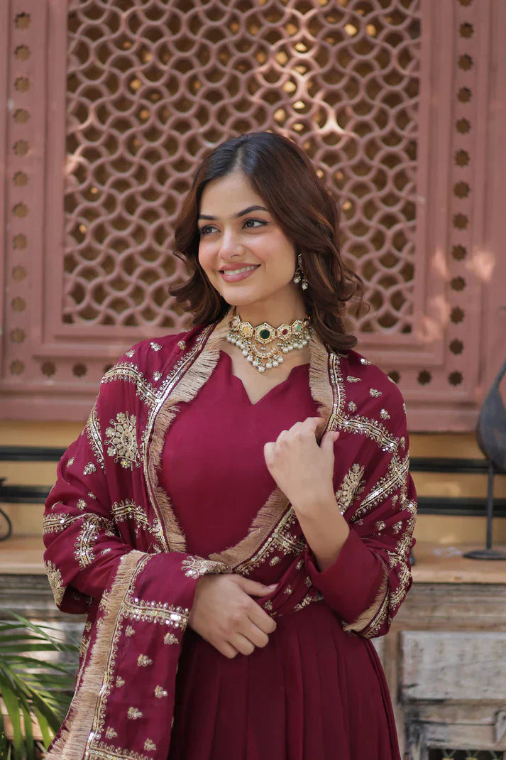 WEDDING SPECIAL STAR GEORGETTE ZARI SEQUINS EMBROIDERED GOWN WITH DUPATTAPFAB109) (01)