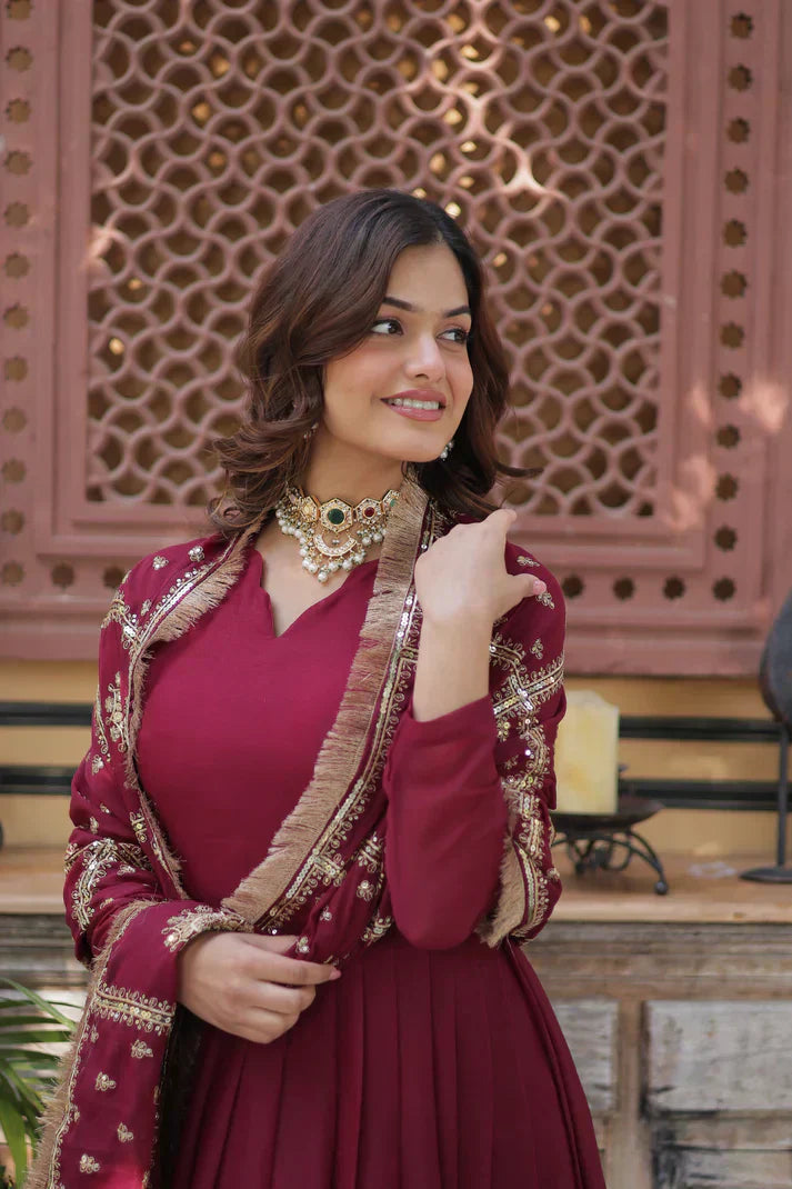 WEDDING SPECIAL STAR GEORGETTE ZARI SEQUINS EMBROIDERED GOWN WITH DUPATTAPFAB109) (01)