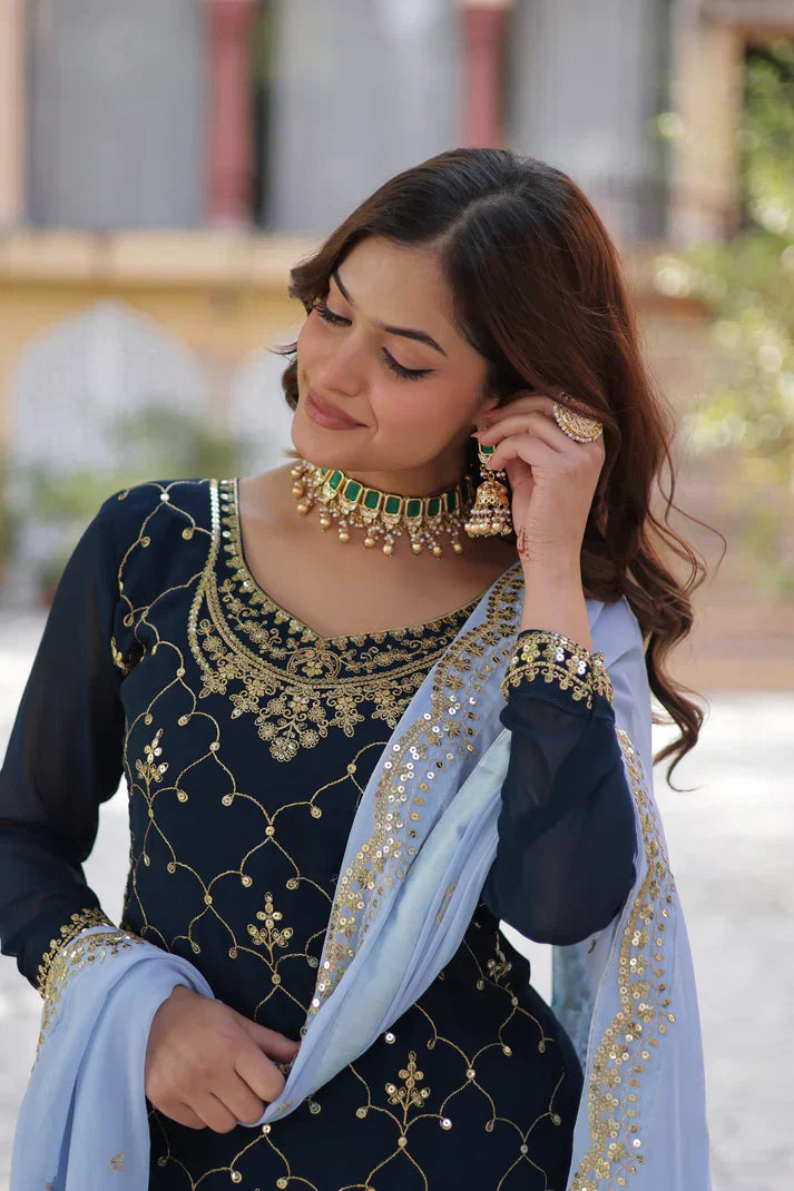 WEDDING SPECIAL FAUX BLOOMING GEORGETTE SEQUINS EMBROIDERED PLAZZO SET WITH DUPATTAPFAB1121)