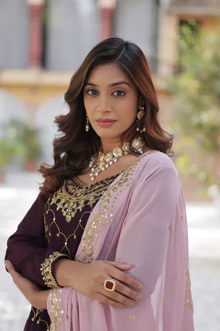 WEDDING SPECIAL FAUX BLOOMING GEORGETTE SEQUINS EMBROIDERED PLAZZO SET WITH DUPATTAPFAB1121) (01)