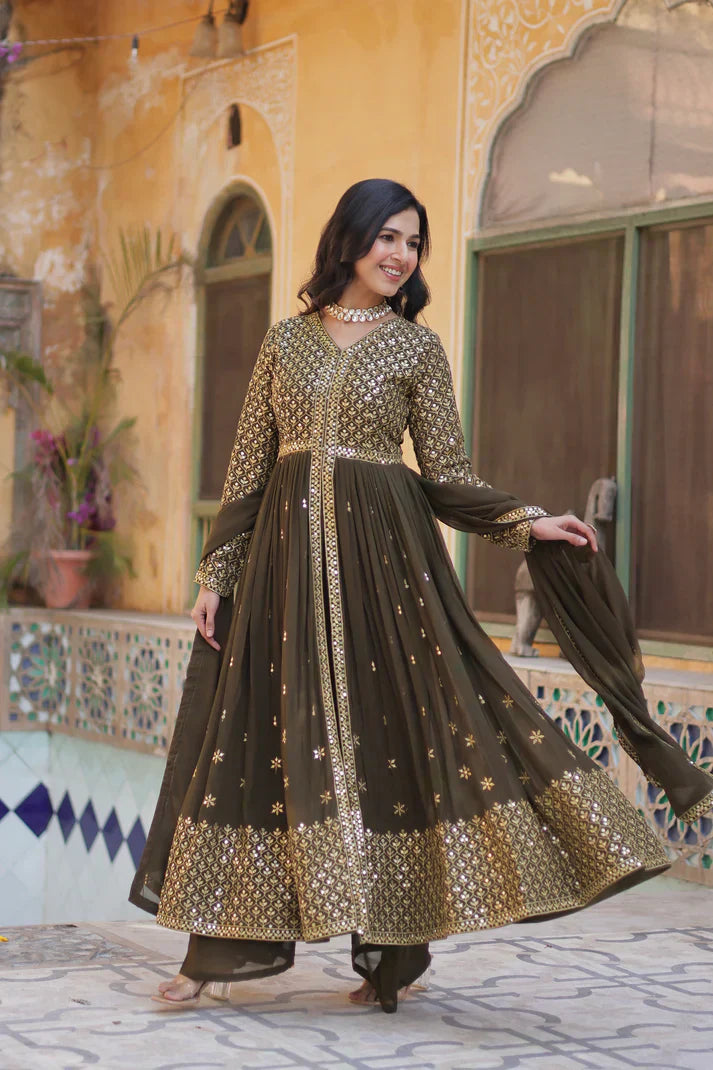 WEDDING SPECIAL FAUX GEORGETTE EMBROIDERED GOWN WITH BOTTOM AND DUPATTAPFAB1113)