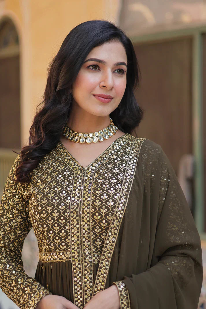 WEDDING SPECIAL FAUX GEORGETTE EMBROIDERED GOWN WITH BOTTOM AND DUPATTAPFAB1113)