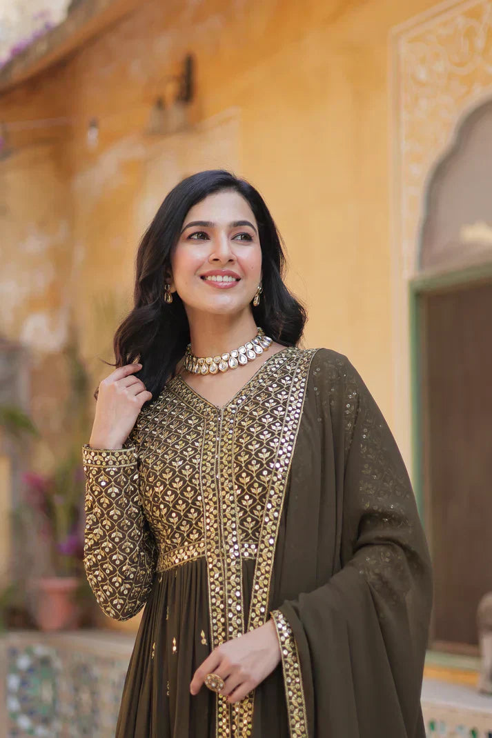 WEDDING SPECIAL FAUX GEORGETTE EMBROIDERED GOWN WITH BOTTOM AND DUPATTAPFAB1113)