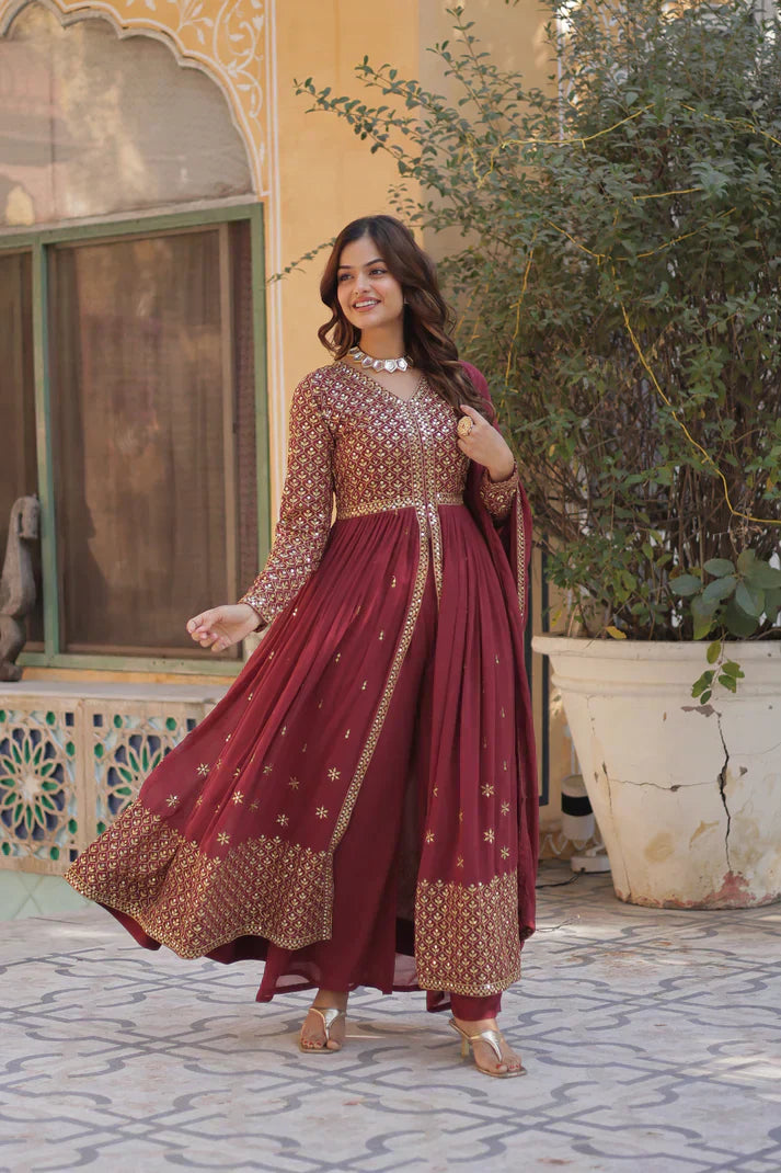 WEDDING SPECIAL FAUX GEORGETTE EMBROIDERED GOWN WITH BOTTOM AND DUPATTAPFAB1113) (01)