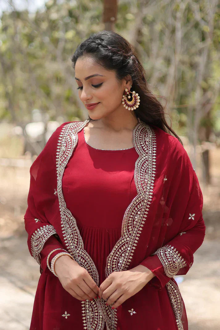 Desirable Women's gown Made With Faux Blooming Fabrics and Designer Embroidered DupattaPFAB116) (01)