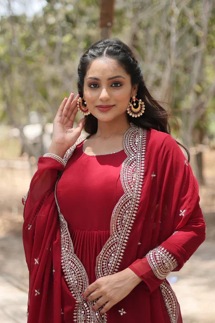 Desirable Women's gown Made With Faux Blooming Fabrics and Designer Embroidered DupattaPFAB116) (01)