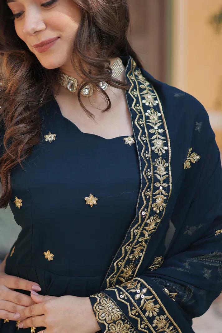 FAUX BLOOMING GEORGETTE SEQUINS EMBROIDERED GOWN WITH DUPATTAPFAB112)