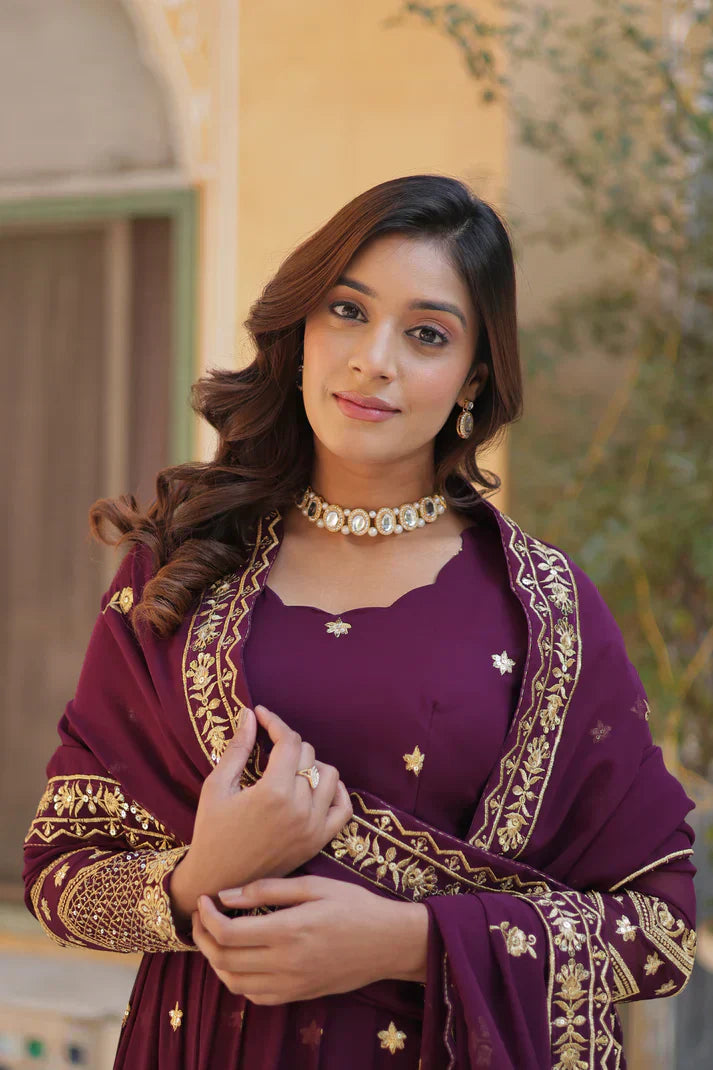 FAUX BLOOMING GEORGETTE SEQUINS EMBROIDERED GOWN WITH DUPATTAPFAB112) (01)