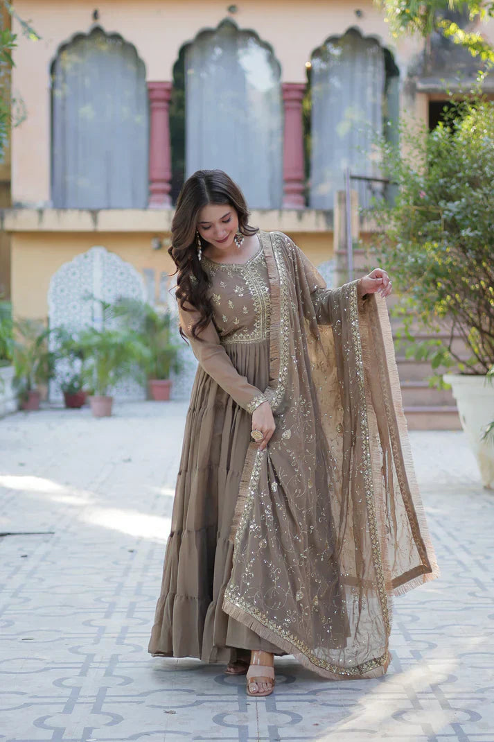 WEDDING SPECIAL STAR GEORGETTE ZARI SEQUINS EMBROIDERED GOWN WITH DUPATTA PFAB156) (03)