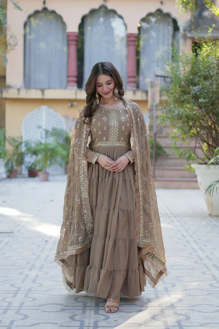 WEDDING SPECIAL STAR GEORGETTE ZARI SEQUINS EMBROIDERED GOWN WITH DUPATTA PFAB156) (03)