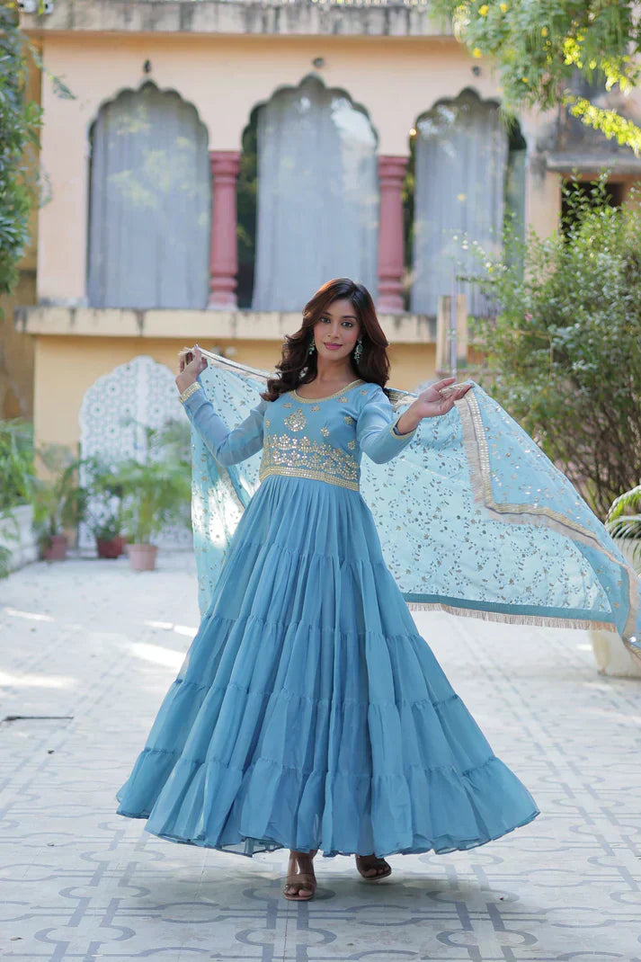 WEDDING SPECIAL STAR GEORGETTE ZARI SEQUINS EMBROIDERED GOWN WITH DUPATTA PFAB1117) (02)