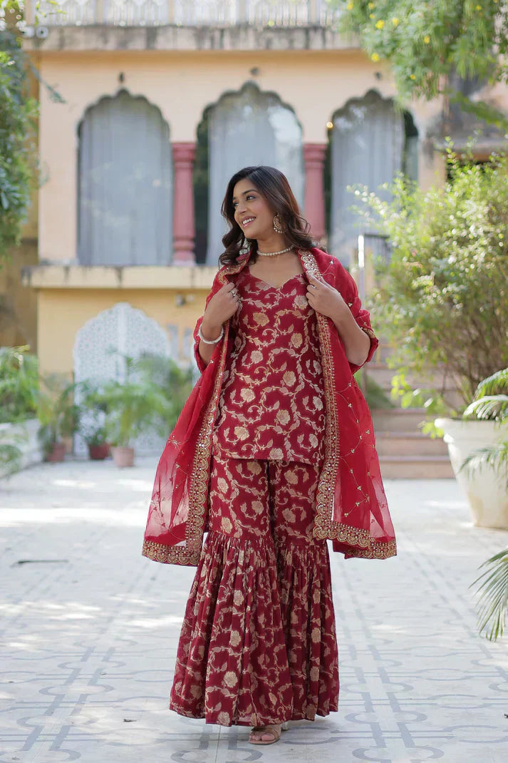 WEDDING SPECIAL VISCOSE GEORGETTE JACQUARD GHARARA SET WITH DUPATTAPFAB1120)